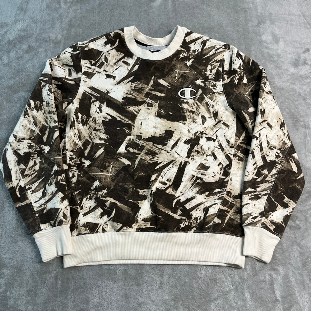 Champion Super Fleece Mens Medium Brown Cream Abstract Camo Logo Sweatshirt